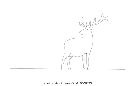 One continuous line drawing of reindeer. Wild animal stag deer with antlers silhouette for christmas symbol in simple linear style. National park banner. Hand made vector not AI.
