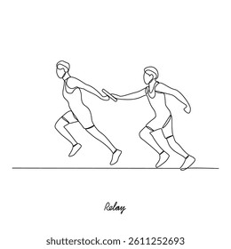 One continuous line drawing of a Relay vector illustration. Type of Athletics sport in simple linear continuous style vector concept. Suitable for your asset design and educational purpose.