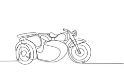 One Continuous Line Drawing Of Retro Old Vintage Motorcycle With Sidecar. Classic Motorbike Transportation Concept Single Line Draw Graphic Design Vector Illustration