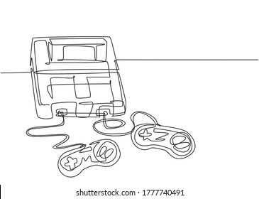 One continuous line drawing of retro old classic arcade video game player with controller. Vintage console game item concept single line draw design vector illustration graphic