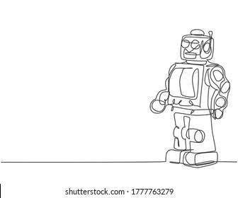 One continuous line drawing of retro old vintage plastic robot toy for boy. Classic robotic toy kids concept.  Single line draw design vector graphic illustration