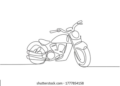 One continuous line drawing of retro old vintage motorcycle icon. Classic motorbike transportation concept single line draw graphic design vector illustration