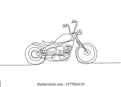 One continuous line drawing of retro old vintage chopper motorcycle icon. Classic motorbike transportation concept single line draw design vector graphic illustration