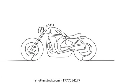 One continuous line drawing of retro old vintage motorcycle icon. Classic motorbike transportation concept single line draw design graphic vector illustration