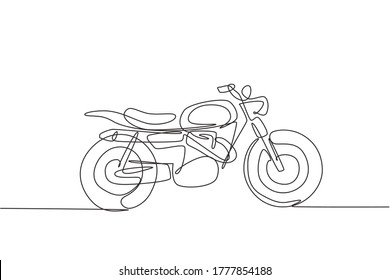 One continuous line drawing of retro old vintage motorcycle icon. Classic motorbike transportation concept single line graphic draw design vector illustration