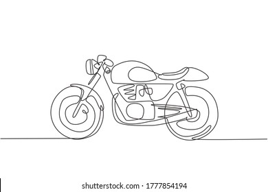 One continuous line drawing of retro old vintage motorcycle icon. Classic motorbike transportation concept single line draw graphic design vector illustration