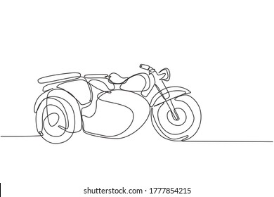 One continuous line drawing of retro old vintage motorcycle with sidecar. Classic motorbike transportation concept single line draw graphic design vector illustration