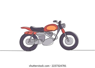 One continuous line drawing of retro old vintage motorcycle icon. Classic motorbike transportation concept single line graphic draw design vector illustration