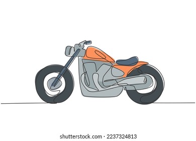 One continuous line drawing of retro old vintage motorcycle icon. Classic motorbike transportation concept single line draw design graphic vector illustration