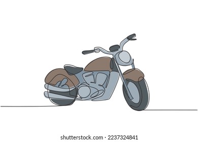 One continuous line drawing of retro old vintage motorcycle icon. Classic motorbike transportation concept single line draw graphic design vector illustration