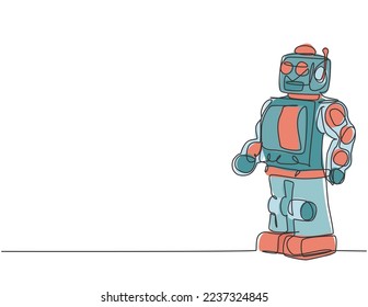 One continuous line drawing of retro old vintage plastic robot toys for boy. Classic robotic toy kids concept single line draw design vector graphic illustration