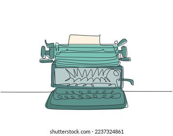 Un dibujo continuo de una vieja máquina de escribir retro desde el frente de la vista. Concepto de artículo de oficina clásico diseño de tracción de línea única ilustración vectorial