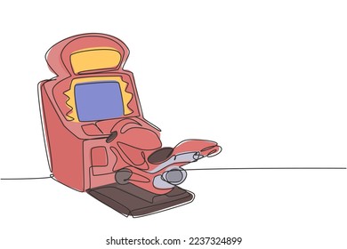 One continuous line drawing of retro old classic motorcycle racing video game machine. Vintage arcade game item concept single line draw design vector illustration graphic