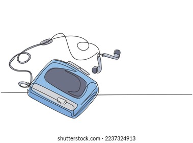 One continuous line drawing of retro old classic mobile radio tape with earphone. Vintage mobile music player item concept single line draw graphic design vector illustration