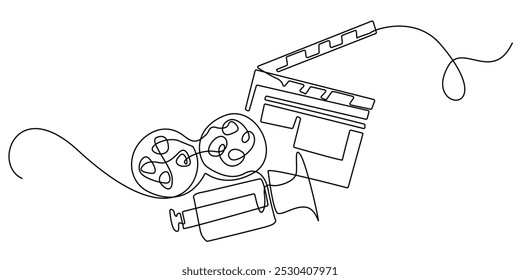 Un dibujo de línea continua de tablero de película clásico retro y rollo de película.
Dibujo de una línea de cine. Línea minimalista de equipo de película. Ilustración vectorial de una sola línea. aislado sobre fondo blanco