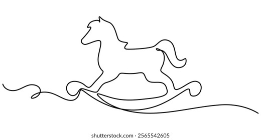 One continuous line drawing of retro old vintage wooden horse toy. Classic toy kids with wood wheel concept single line draw design vector graphic illustration, Children s toy rocking horse one line.