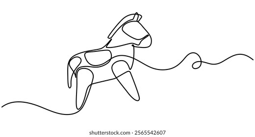 One continuous line drawing of retro old vintage wooden horse toy. Classic toy kids with wood wheel concept single line draw design vector graphic illustration, Children s toy rocking horse one line.