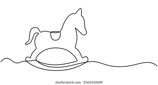 One continuous line drawing of retro old vintage wooden horse toy. Classic toy kids with wood wheel concept single line draw design vector graphic illustration, Children s toy rocking horse one line.