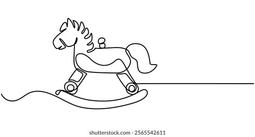 One continuous line drawing of retro old vintage wooden horse toy. Classic toy kids with wood wheel concept single line draw design vector graphic illustration, Children s toy rocking horse one line.