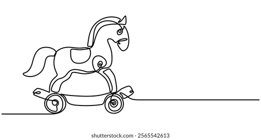 One continuous line drawing of retro old vintage wooden horse toy. Classic toy kids with wood wheel concept single line draw design vector graphic illustration, Children s toy rocking horse one line.