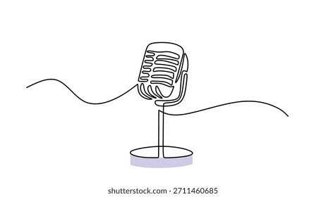 One continuous line drawing of a retro microphone. A Classic mic sketch for live music performance, studio recording, or radio broadcast. Vector illustration minimalist.