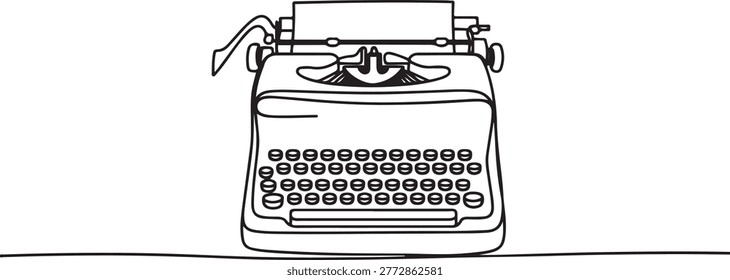 One continuous line drawing of retro old vintage typewriter front from view.one line vector illustration on white background
