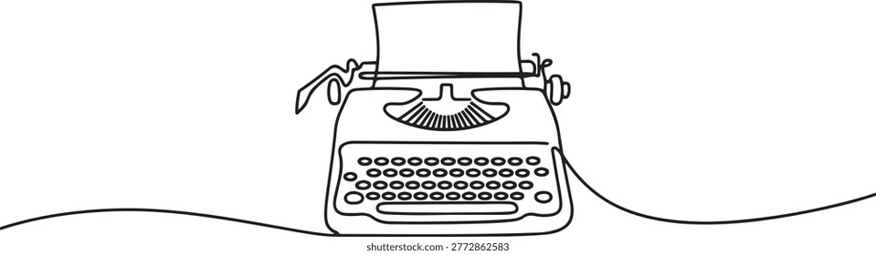 One continuous line drawing of retro old vintage typewriter front from view.one line vector illustration on white background
