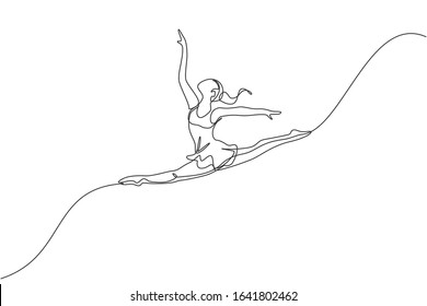 One continuous line drawing of rhythmic motion young beauty gymnast girl. Floor exercise performer in leotard. Healthy active sport dance concept. Dynamic single line draw design vector illustration