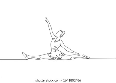 One continuous line drawing of rhythmic motion young beauty gymnast girl. Floor exercise performer in leotard. Healthy active sport dance concept. Dynamic single line draw design vector illustration