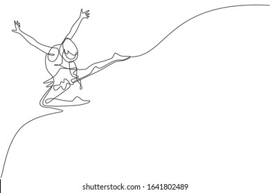 One continuous line drawing of rhythmic motion young beauty gymnast girl. Floor exercise performer in leotard. Healthy active sport dance concept. Dynamic single line draw design vector illustration