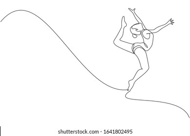 One continuous line drawing of rhythmic motion young beauty gymnast girl. Floor exercise performer in leotard. Healthy active sport dance concept. Dynamic single line draw design vector illustration