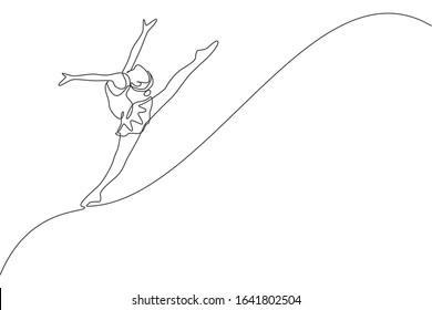 One continuous line drawing of rhythmic motion young beauty gymnast girl. Floor exercise performer in leotard. Healthy active sport dance concept. Dynamic single line draw design vector illustration