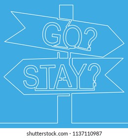 One continuous line drawing of road sign arrows isolated on blue background. Vector illustration Signpost in two directions choice to stay or go