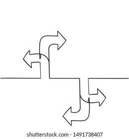 One continuous line drawing of road sign arrows isolated on white background handdrawn style