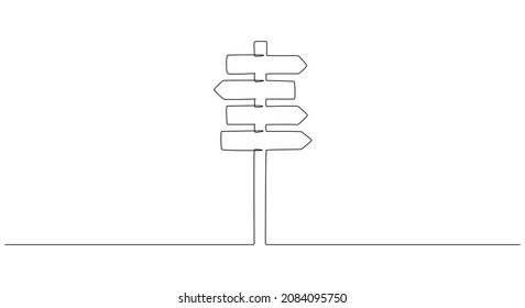 One Continuous line drawing of Road direction signpost arrows to the right and left isolated on white. Pointer symbol, editable stroke. Vector illustration for web banner, design template, postcard