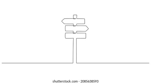 One Continuous line drawing of Road direction signpost arrows to the right and left and plate. Pointer symbol in simple liner style. Vector illustration for web banner, design template, postcard