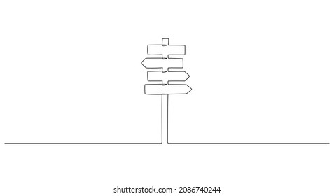 One Continuous line drawing of Road direction sign arrows to the right and left isolated on white. Pointer symbol in doodle style. Vector illustration for web banner, design template, postcard