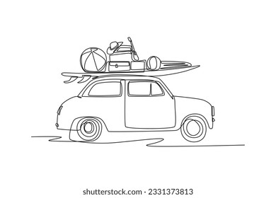 One continuous line drawing of road trip concept. Doodle vector illustration in simple linear style. 