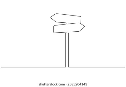 One Continuous line drawing of Road direction signpost arrows to the right and left and plate, Road direction sign arrows isolated on white background.