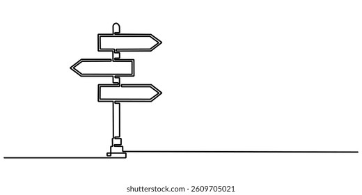 One Continuous line drawing of Road direction signpost arrows to the right and left and plate, Road Sign Single Line Icon, Road direction sign arrows isolated on white background.
