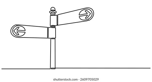 One Continuous line drawing of Road direction signpost arrows to the right and left and plate, Road Sign Single Line Icon, Road direction sign arrows isolated on white background.