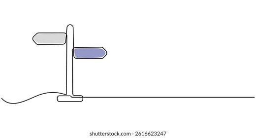  One Continuous line drawing of Road direction signpost arrows to the right and left isolated on white. Pointer symbol in liner style. Vector illustration for web banner, design template, postcard.