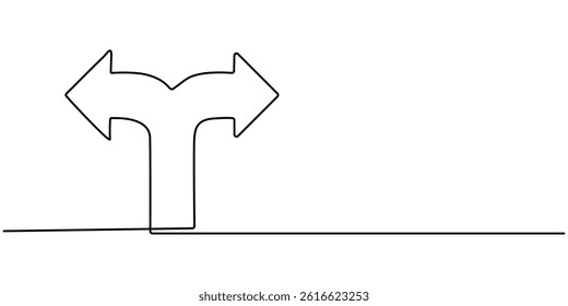  One Continuous line drawing of Road direction signpost arrows to the right and left isolated on white. Pointer symbol in liner style. Vector illustration for web banner, design template, postcard.