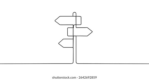 One Continuous line drawing of Road direction sign arrows to the right and left isolated on white. Pointer symbol in simple liner style. Vector illustration for web banner, design template, postcard