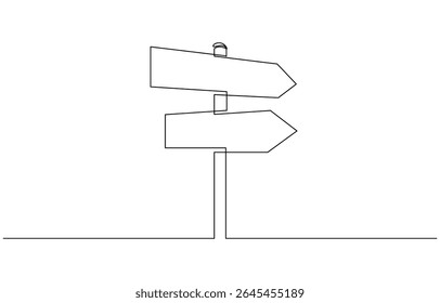 One Continuous line drawing of Road direction signpost arrows to the right and left, Single line drawing illustration of Road direction sign arrows. Concept for web banner. Doodle line illustration.