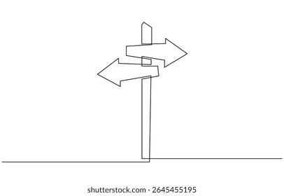 One Continuous line drawing of Road direction signpost arrows to the right and left, Single line drawing illustration of Road direction sign arrows. Concept for web banner. Doodle line illustration.