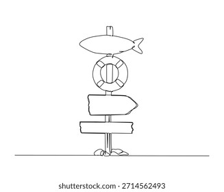 Un dibujo de línea continua de tableros de señales de dirección de carretera. Ilustración de dibujo de contorno de tablero de letrero de madera. 