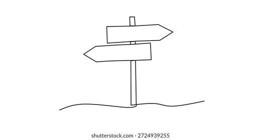 One Continuous line drawing of Road direction signpost arrows to the right and left and plate. Pointer symbol in simple liner style. Vector illustration