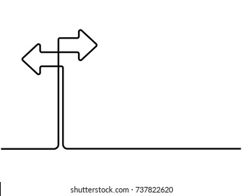One continuous line drawing of road sign arrows isolated on white background. Vector illustration for banner, web, design element, template, postcard. Signpost in two directions.