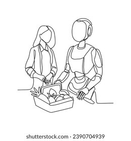 One continuous line drawing of robot as a cashier in a supermarket vector illustration. Technology for economic illustration simple linear style vector concept. Robot design suitable for your asset.